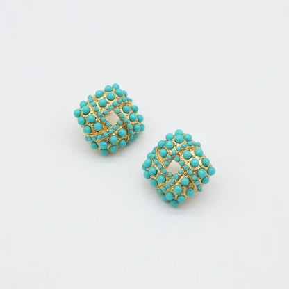 Turquoise beaded stud earrings with gold-tone lattice and small round bead edges