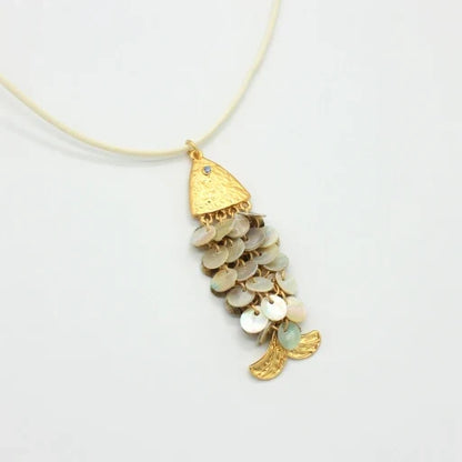 Gold-tone shell disc koi pendant necklace on thin cord chain