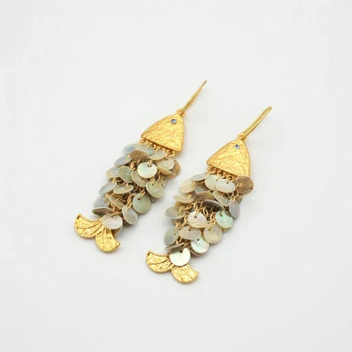 Gold-tone shell disc drop earrings with koi charm and fishhook backs
