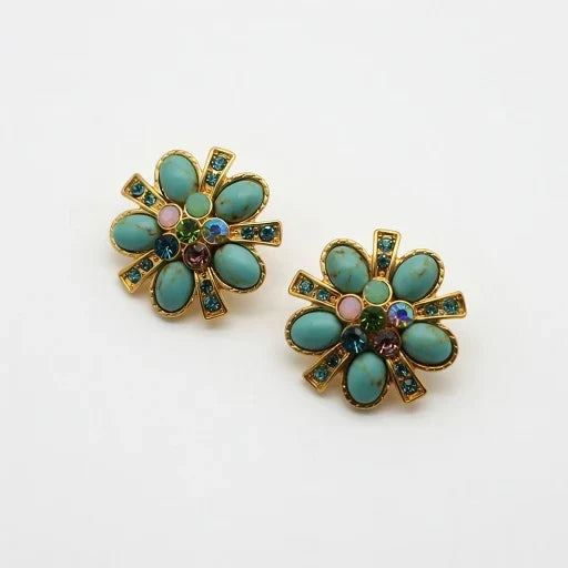 Pair of gold-tone flower stud earrings with turquoise and purple gemstone inlays