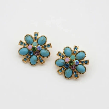 Gold-tone flower stud earring with turquoise, purple, and blue gemstone inlays