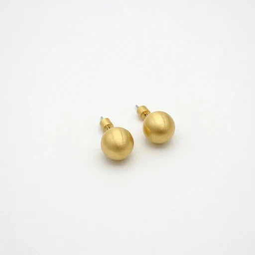 Gold sphere stud earrings with smooth round face and short push-back posts