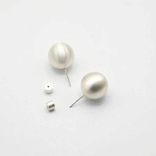 Silver ball stud earrings, round brushed finish with visible push-back and post