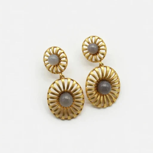 Gold-tone sunburst drop earrings with gray cabochon discs and small top studs