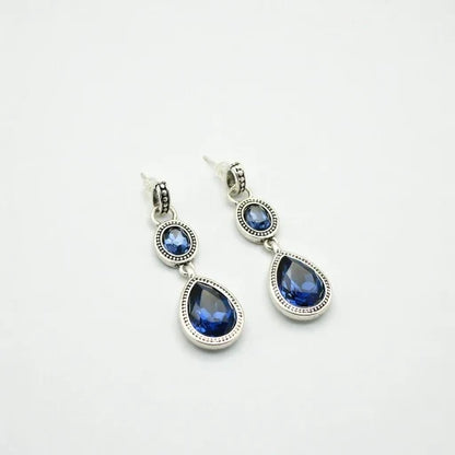 Antique silver-tone blue teardrop drop earrings, round top and oval stone