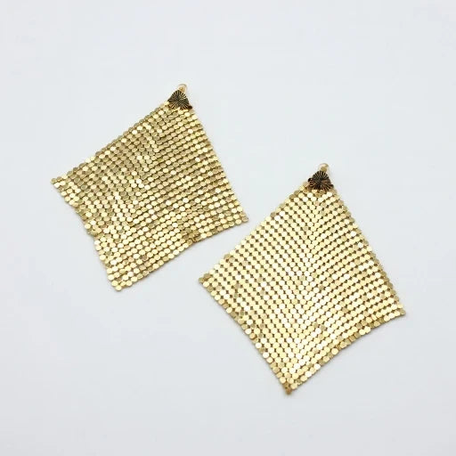 Gold sequin scarf-style earrings, square mesh with tassel tops