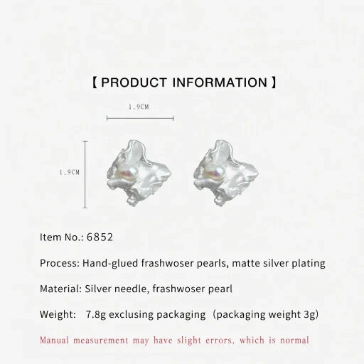Irregular freshwater pearl stud earrings with matte silver finish, pair shown