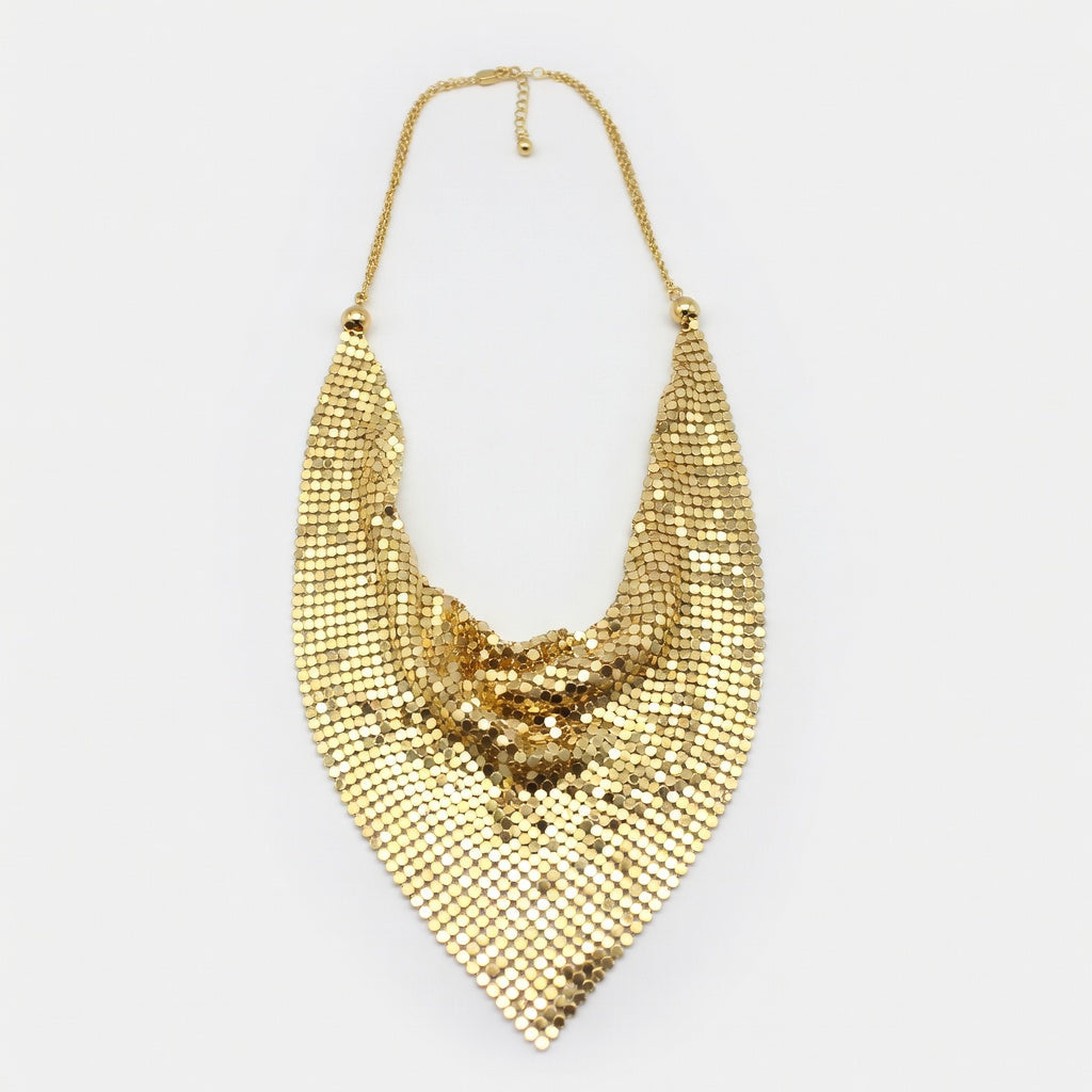 Gold sequin scarf-style necklace with layered V-shaped dangling mesh