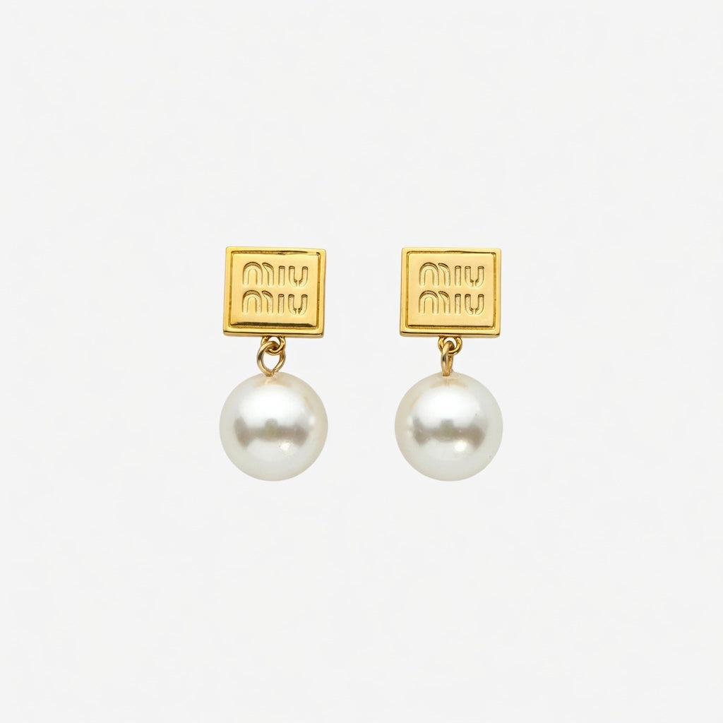 Miu Miu Square Pearl Pendant Earrings | Gold | Elegant & Versatile | JIMMY JEWELRY