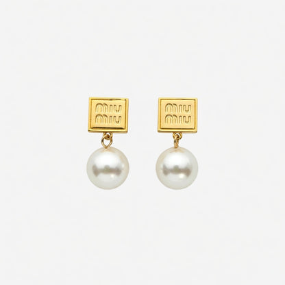 Miu Miu Square Pearl Pendant Earrings | Gold | Elegant & Versatile | JIMMY JEWELRY
