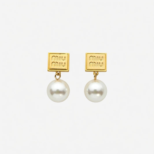 Miu Miu Square Pearl Pendant Earrings | Gold | Elegant & Versatile | JIMMY JEWELRY