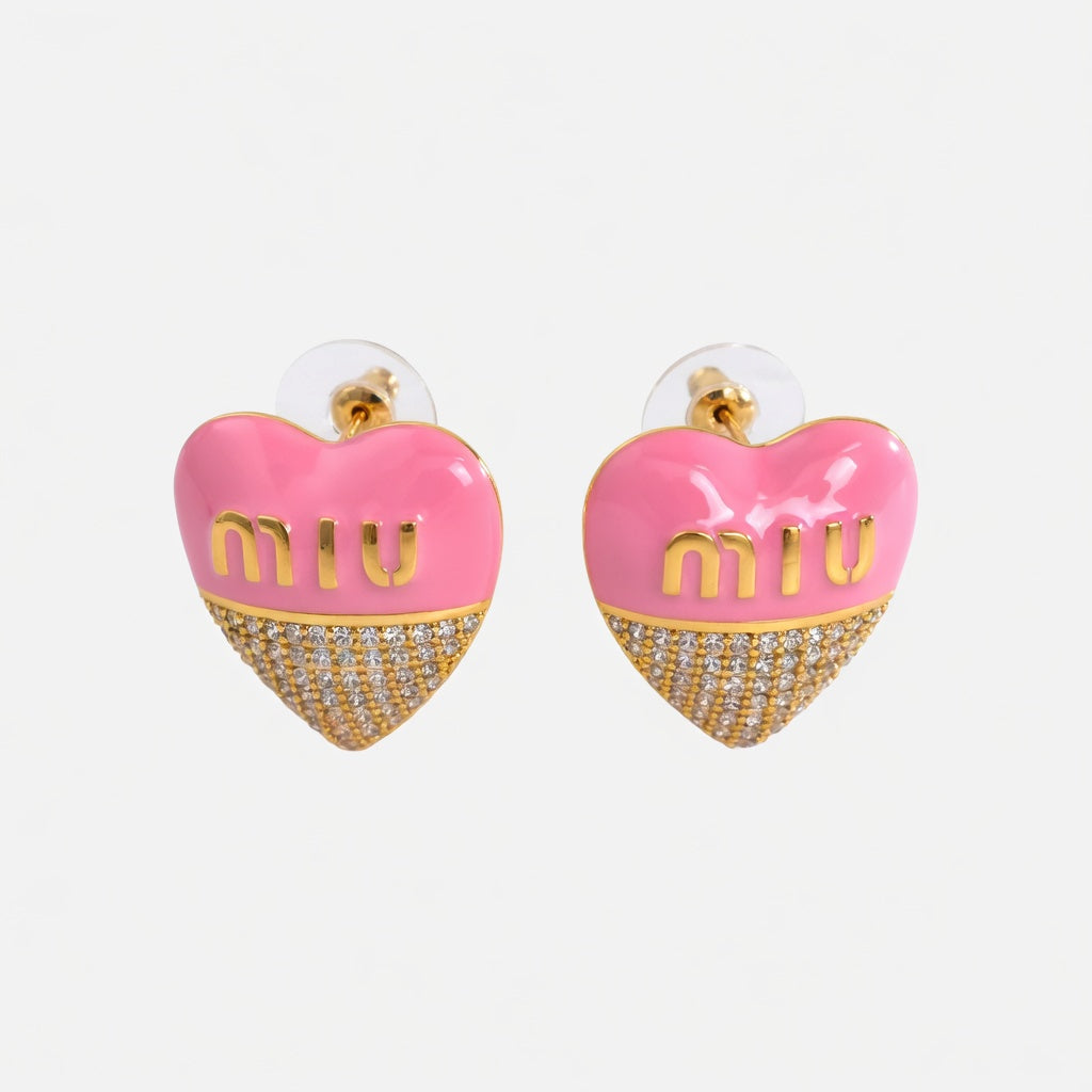 Miu Miu Sweet Enamel Diamond Heart Stud Earrings | White, Pink & Black | JIMMY JEWELRY