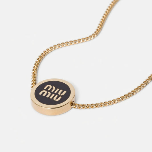 Miu Miu Gold Logo Enamel Necklace | White, Pink & Black