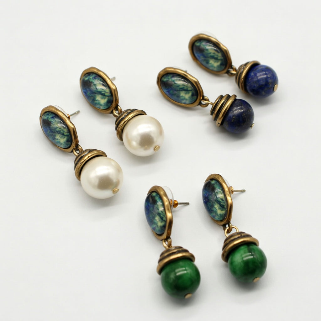Vintage Oval Lapis Lazuli and Chalcedony Earrings