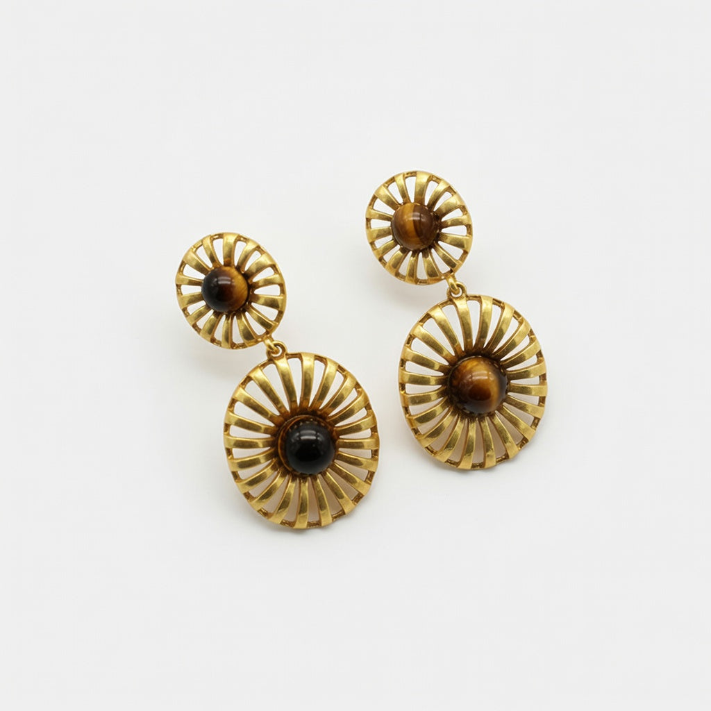 Gold-tone sunburst drop earrings with dark brown cabochon discs and small top studs