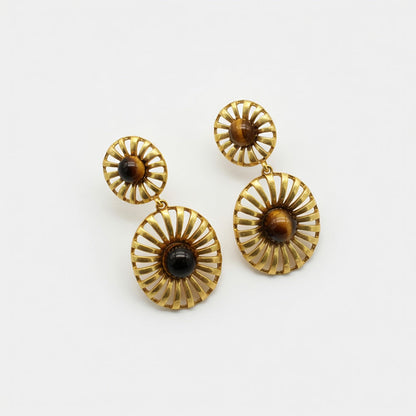 Gold-tone sunburst drop earrings with dark brown cabochon discs and small top studs