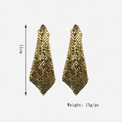 Gold tone sequin statement drop earrings with round studs, faceted fringe