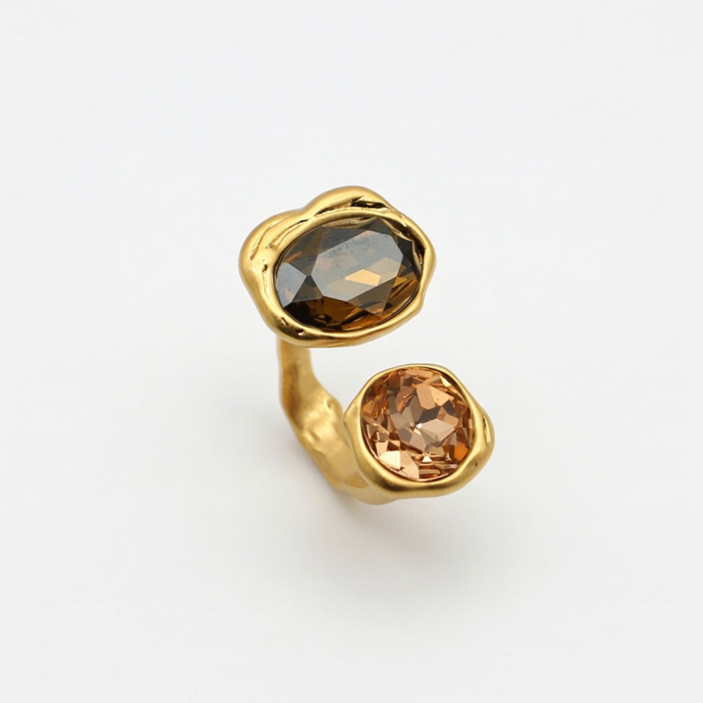 Gold-tone open adjustable ring with two large faceted amber gemstones