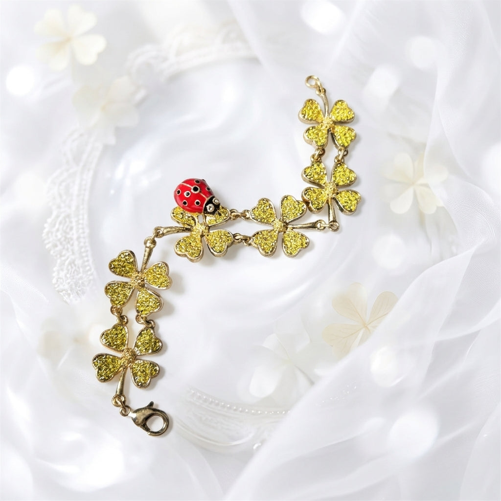 Oscar de la Renta Ladybug Lucky Four-Leaf Clover Bracelet | Gold Plated | 18+1cm