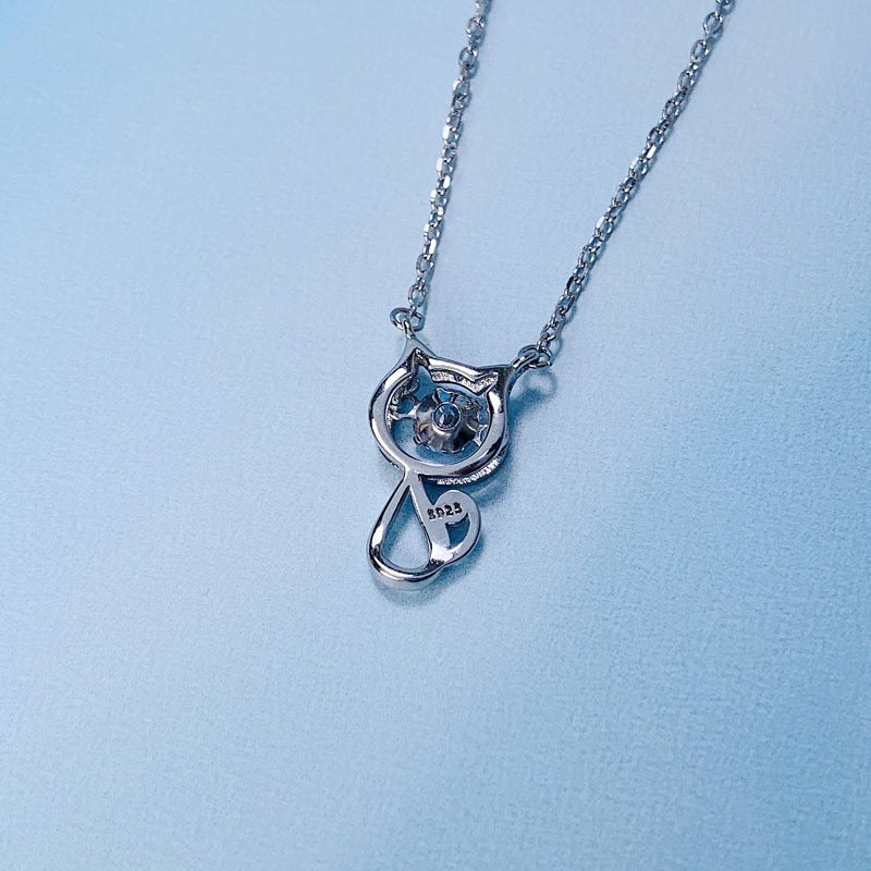 silver cat outline diamond necklace