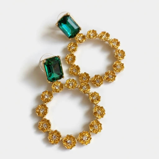 Oscar de la Renta Large Round Earrings with Floral Motif Zircon