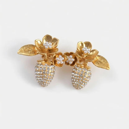 Oscar de la Renta Pearl & Strawberry Floral Clip-On Earrings | Gold Plated | 4.3 × 4cm