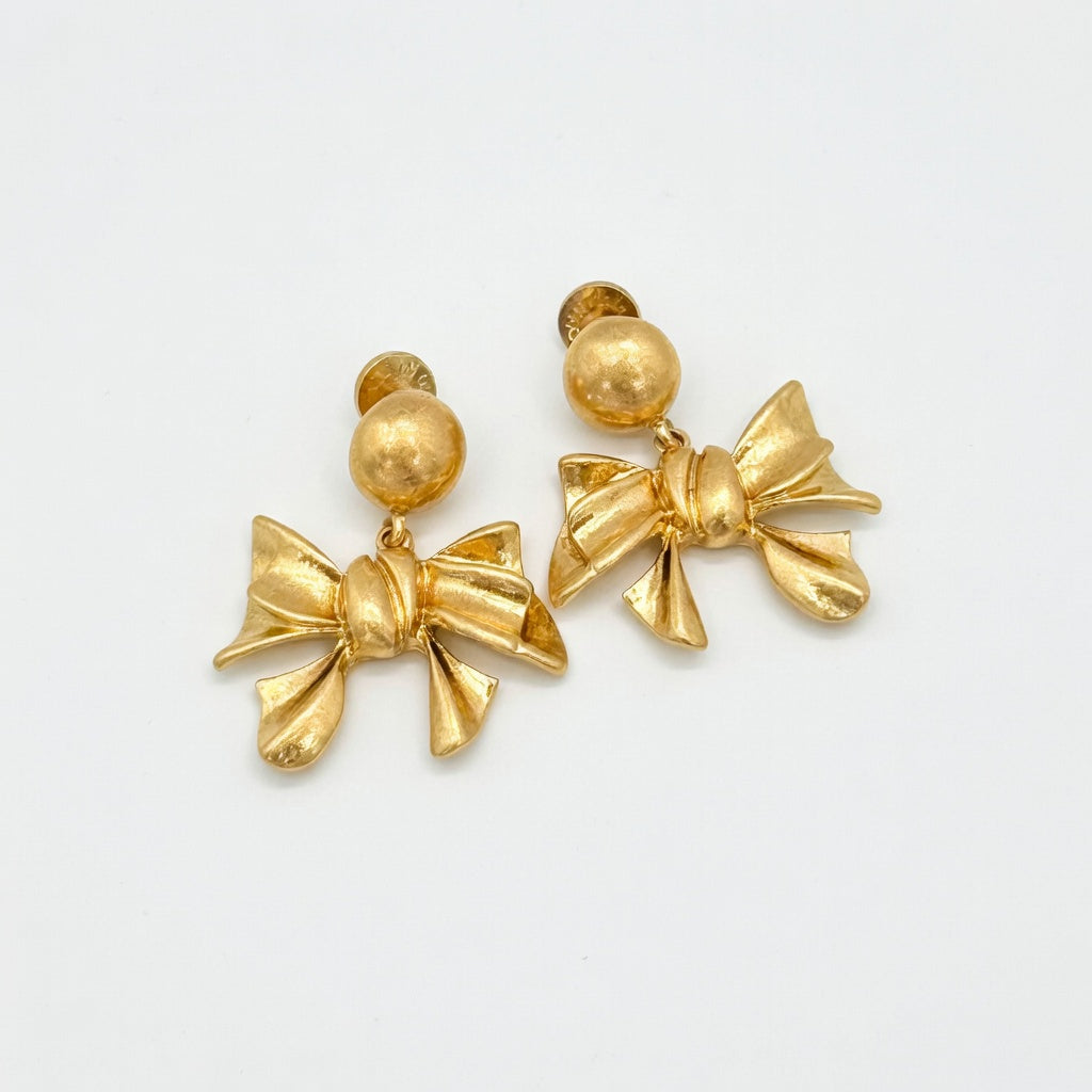 Oscar de la Renta Vintage Fashion Metal Bow Earrings | Gold Plated | 4cm