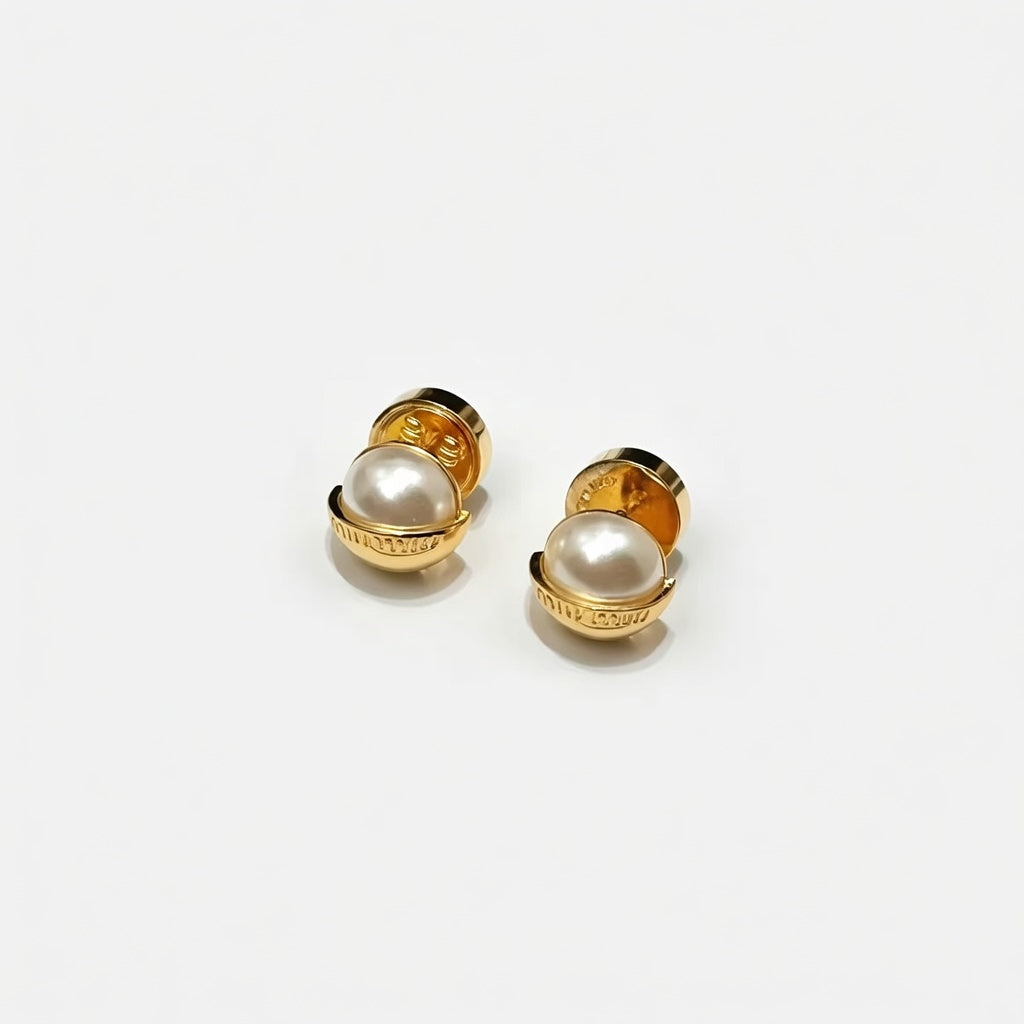 Miu Miu Half-Circle Metal & Half-Pearl Two-Tone Stud Earrings