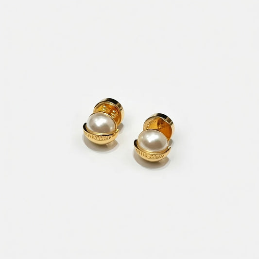 Miu Miu Half-Circle Metal & Half-Pearl Two-Tone Stud Earrings
