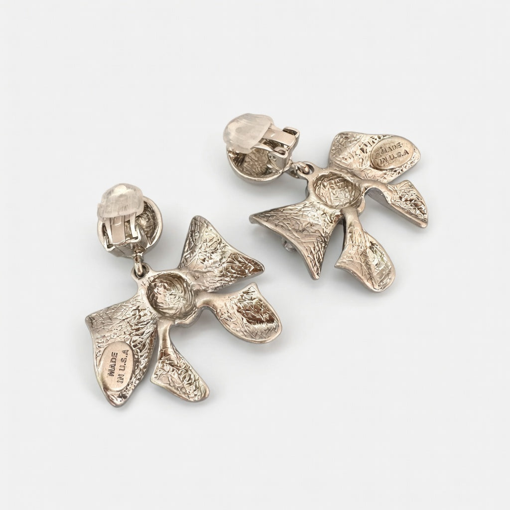 Oscar de la Renta Vintage Fashion Metal Bow Earrings | Gold Plated | 4cm