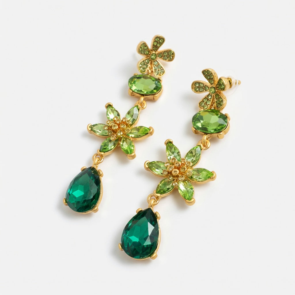 Oscar de la Renta Floral Colored Crystal Glass Teardrop Earrings