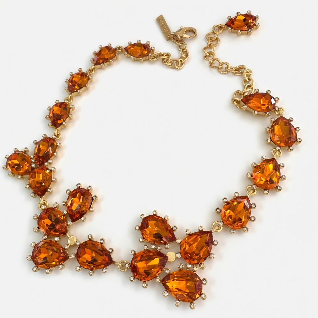 Oscar de la Renta Cactus Sparkling Teardrop Crystal Necklace | Gold Plated | 48+7cm