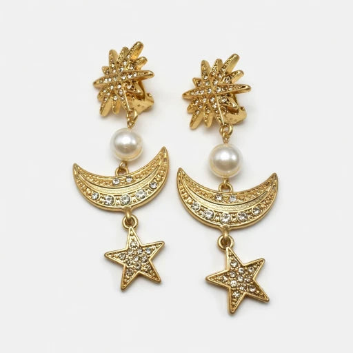 Oscar de la Renta Diamond-Studded Star Moon Pendant Earrings
