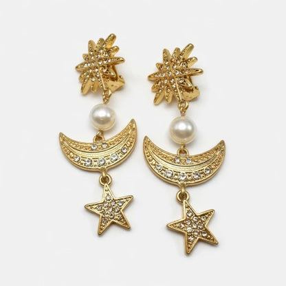Oscar de la Renta Diamond-Studded Star Moon Pendant Earrings