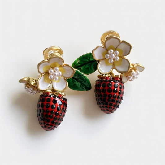 Oscar de la Renta Enamel Flower & Strawberry Pendant Earrings