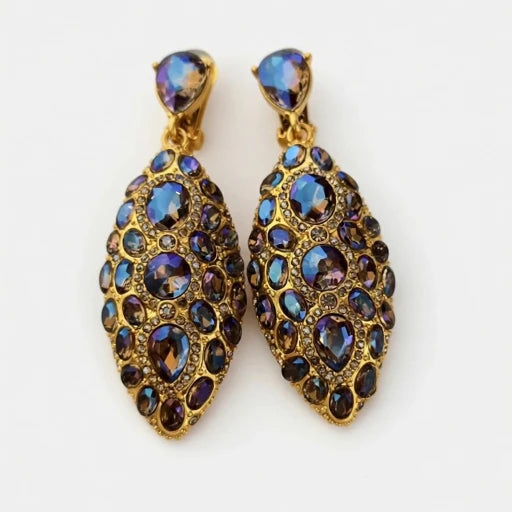 Oscar de la Renta Exquisite Fully Diamond Teardrop Clip-on Earrings | Gold Plated | 7.6cm