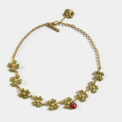 Oscar de la Renta Ladybug Crystal Four-Leaf Clover Necklace | Genuine Gold Plating | Hand-Painted Enamel