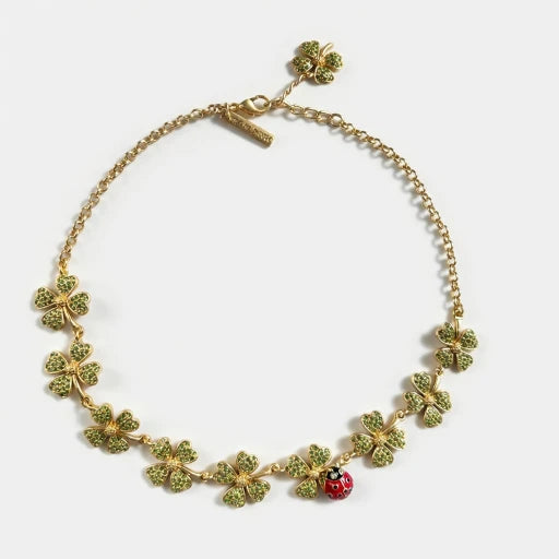 Oscar de la Renta Ladybug Crystal Four-Leaf Clover Necklace | Genuine Gold Plating | Hand-Painted Enamel