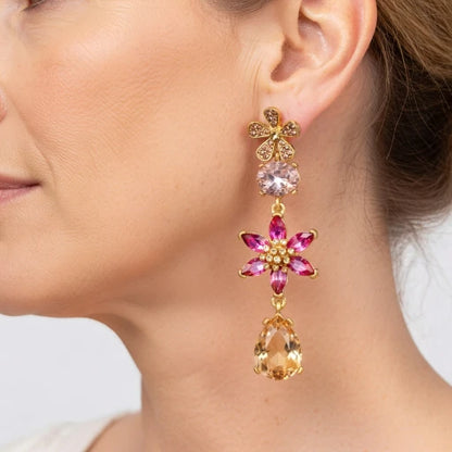 Oscar de la Renta Floral Colored Crystal Glass Teardrop Earrings