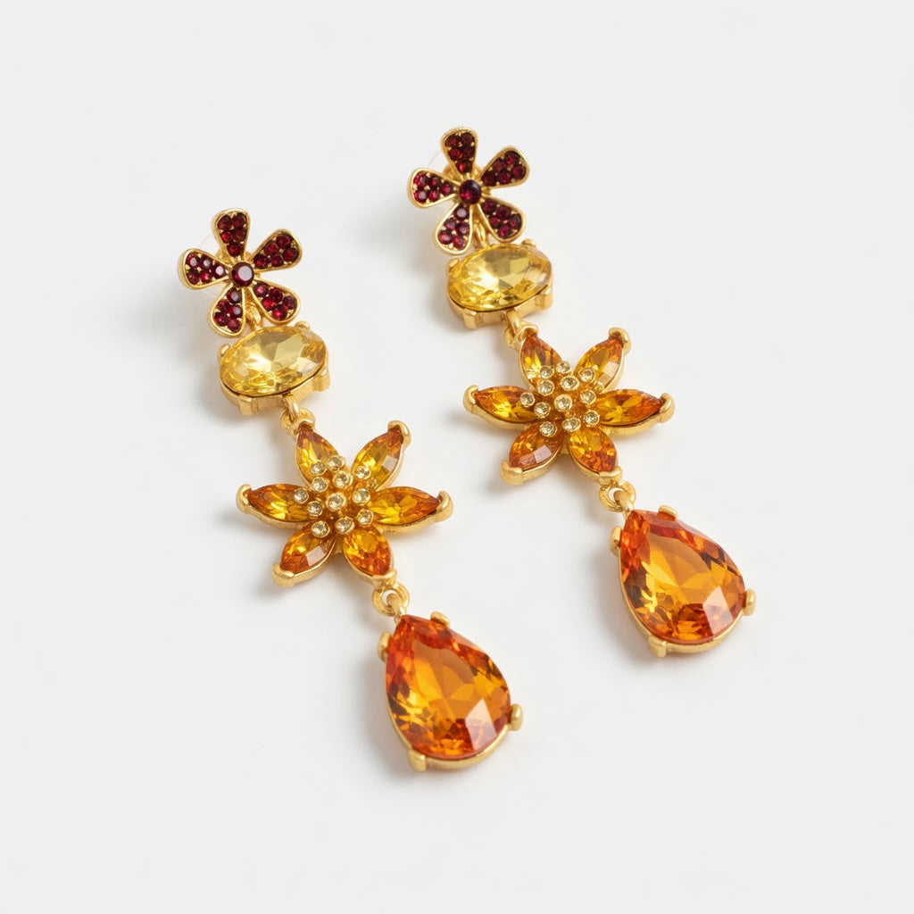 Oscar de la Renta Floral Colored Crystal Glass Teardrop Earrings