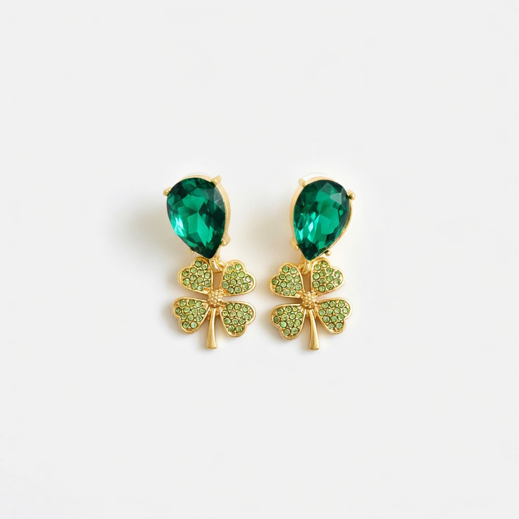 Oscar de la Renta Vintage Full Diamond Four-Leaf Clover Earrings