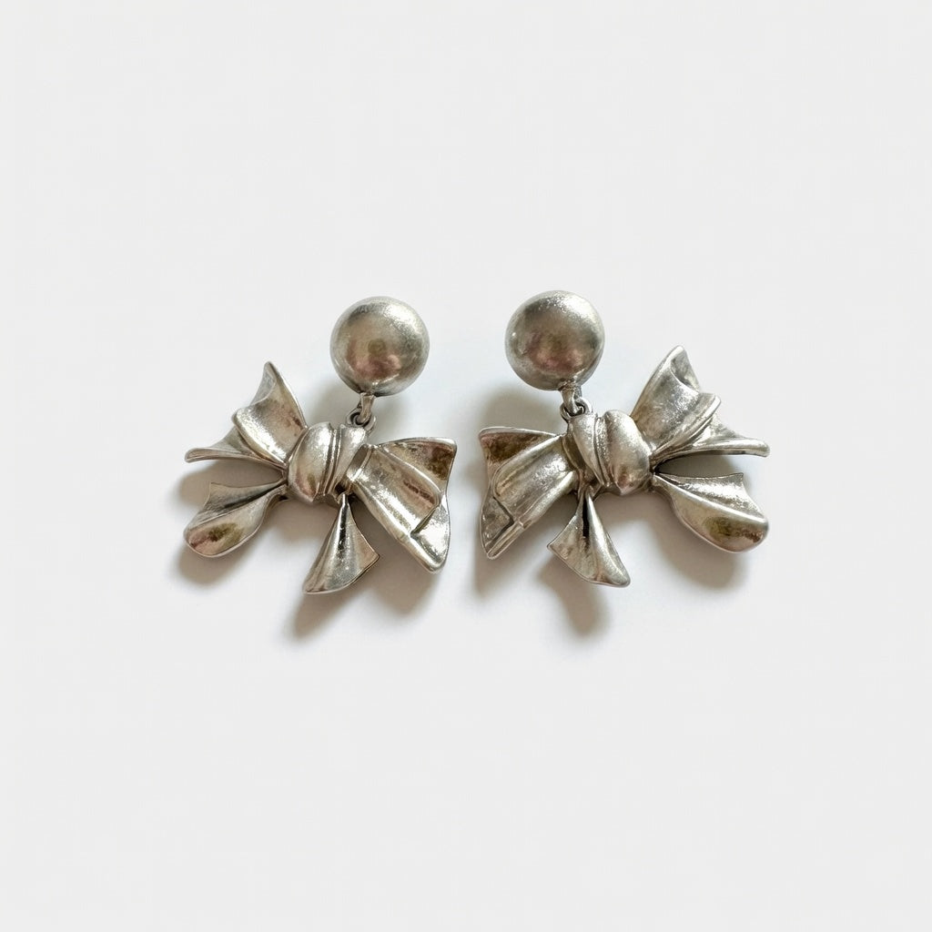 Oscar de la Renta Vintage Fashion Metal Bow Earrings | Gold Plated | 4cm