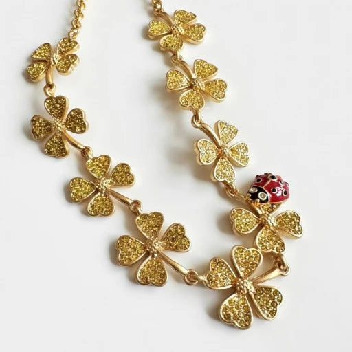 Oscar de la Renta Ladybug Crystal Four-Leaf Clover Necklace | Genuine Gold Plating | Hand-Painted Enamel