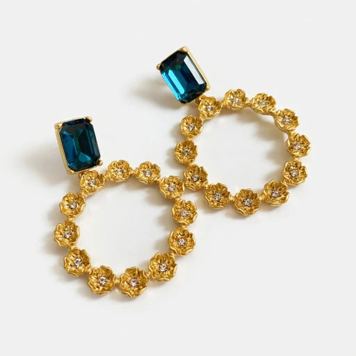 Oscar de la Renta Large Round Earrings with Floral Motif Zircon