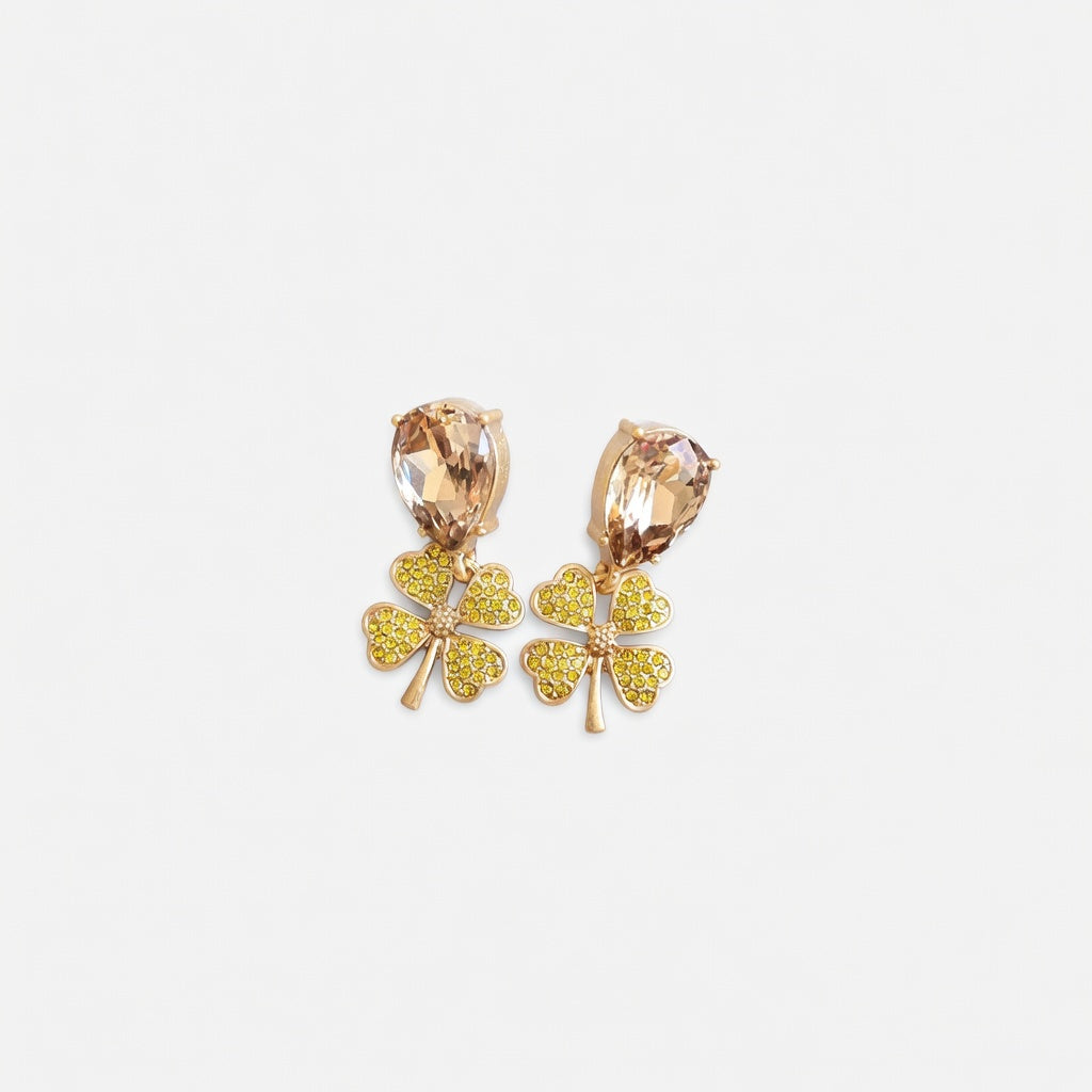Oscar de la Renta Vintage Full Diamond Four-Leaf Clover Earrings