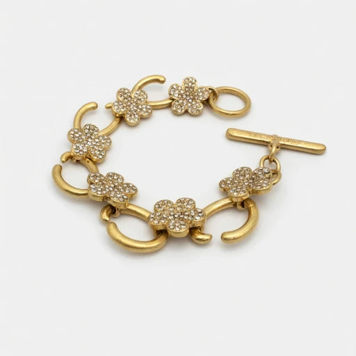 Oscar de la Renta OT Clasp Full Diamond Plum Blossom Bracelet | Gold Plated | 20cm