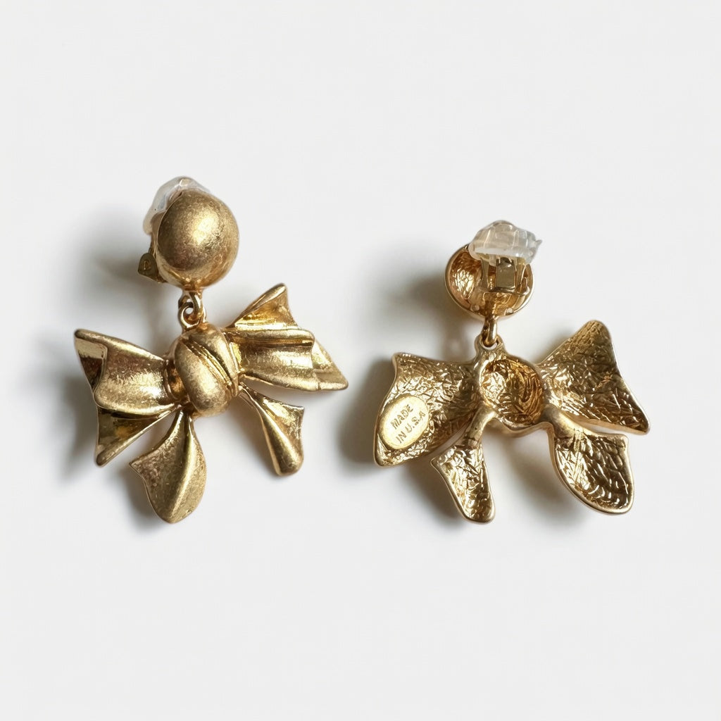 Oscar de la Renta Vintage Fashion Metal Bow Earrings | Gold Plated | 4cm