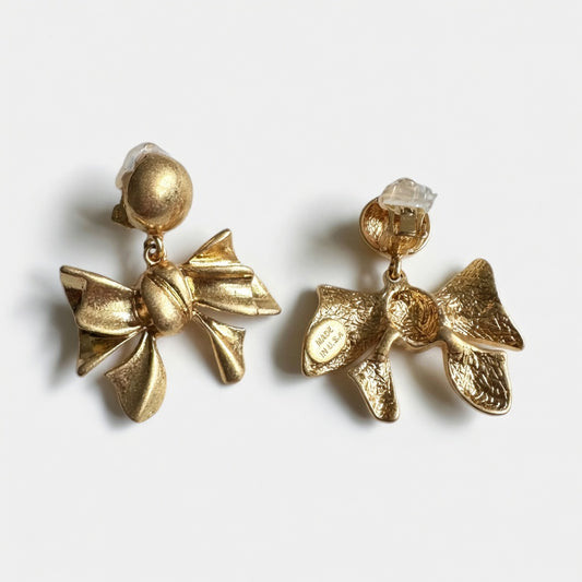 Oscar de la Renta Vintage Fashion Metal Bow Earrings | Gold Plated | 4cm
