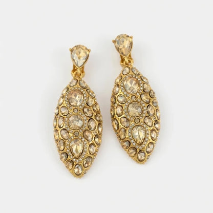 Oscar de la Renta Exquisite Fully Diamond Teardrop Clip-on Earrings | Gold Plated | 7.6cm