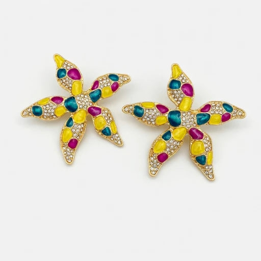 Oscar de la Renta Enamel Jelly-Spotted Starfish Flower Earrings | Gold Plated | 5cm